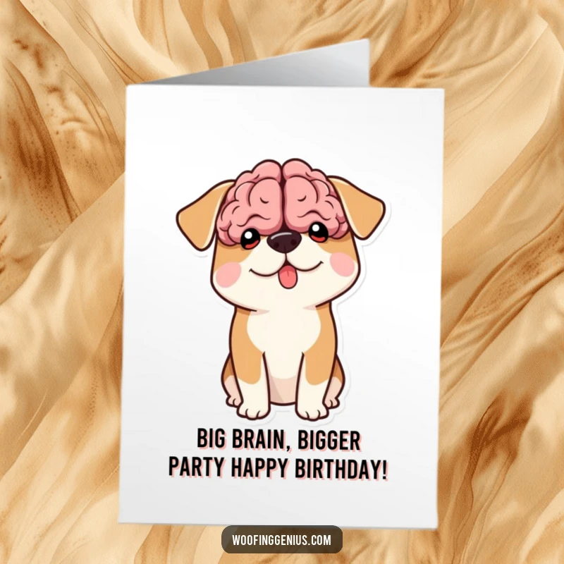 Funny Free Printable Birthday Card: Dog with a comically oversized brain shape emerging from its head, celebrating a brilliant birthday.