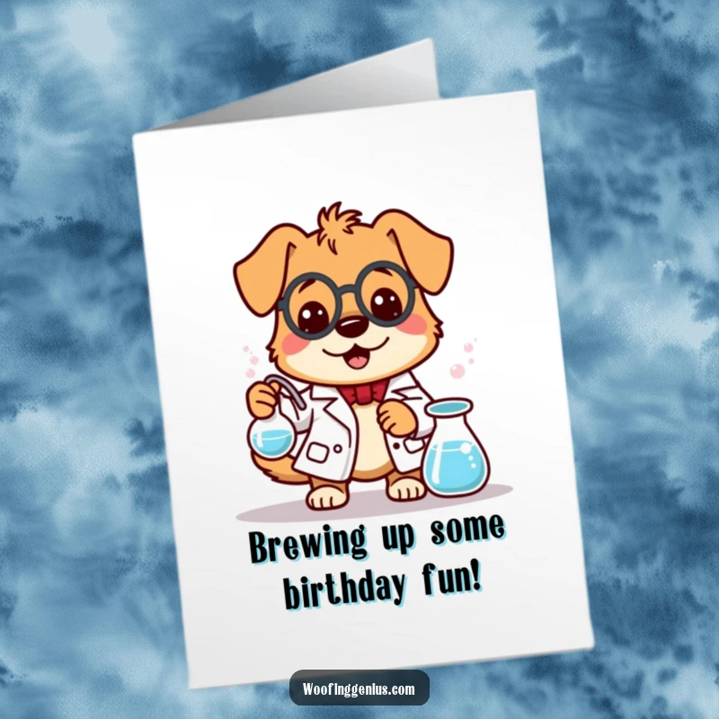 Funny Free Printable Birthday Card featuring a dog in a lab coat stirring a bubbling beaker, a hilarious DIY gift.