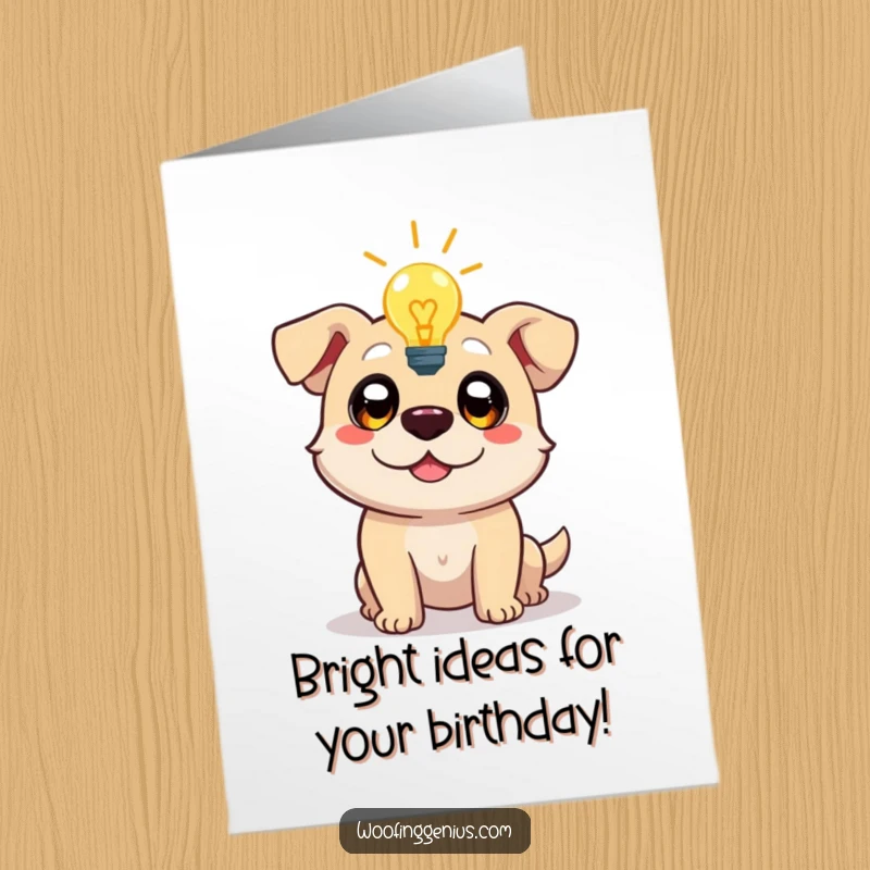 Funny Free Printable Birthday Card: A dog having a bright lightbulb moment, eyes wide with inspiration for your birthday.