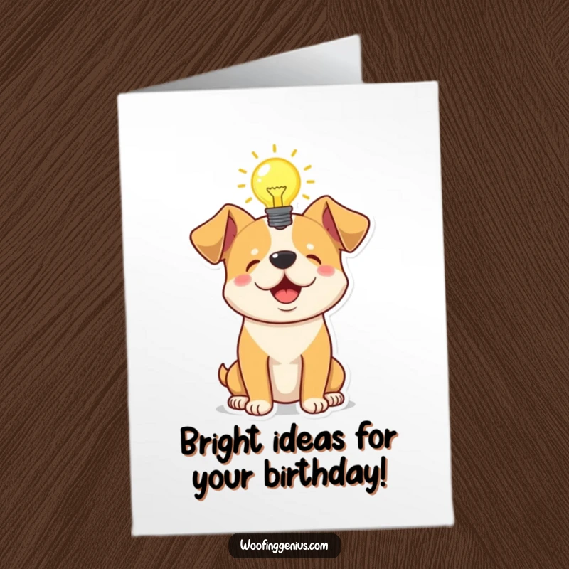 Funny Free Printable Birthday Card: A dog has a bright lightbulb glowing above its head, signifying a brilliant idea.