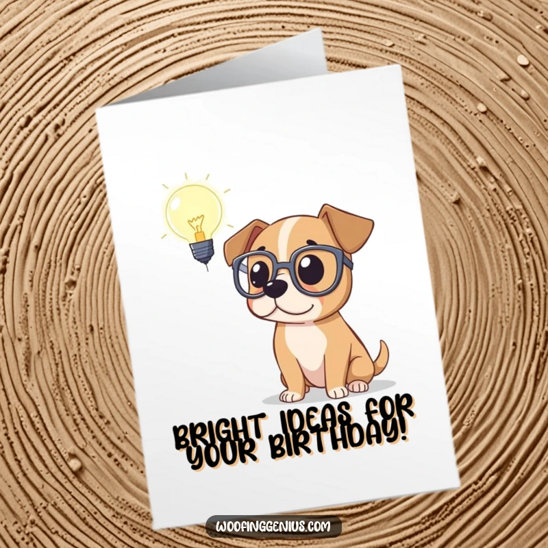 Funny Free Printable Birthday Card: Dog in big glasses contemplating a glowing lightbulb, representing a moment of genius.