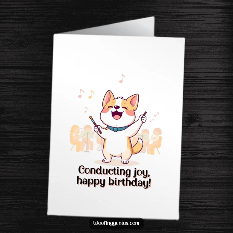 Funny free printable birthday card: A joyful dog enthusiastically conducts an invisible orchestra with a tiny baton.