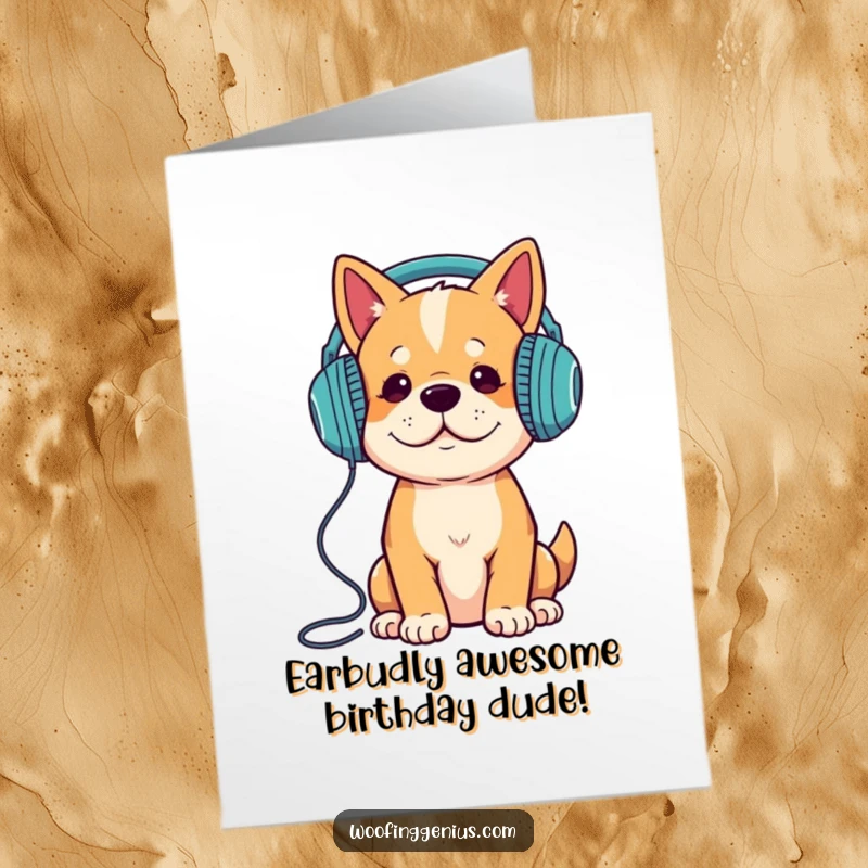 Funny Free Printable Birthday Card: Dog in headphones, lost in music, a cool and comical celebration.