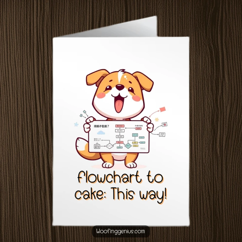 Funny Free Printable Birthday Card featuring a happy dog with a wagging tail presenting a complex flowchart, ideal for DIY gifts.