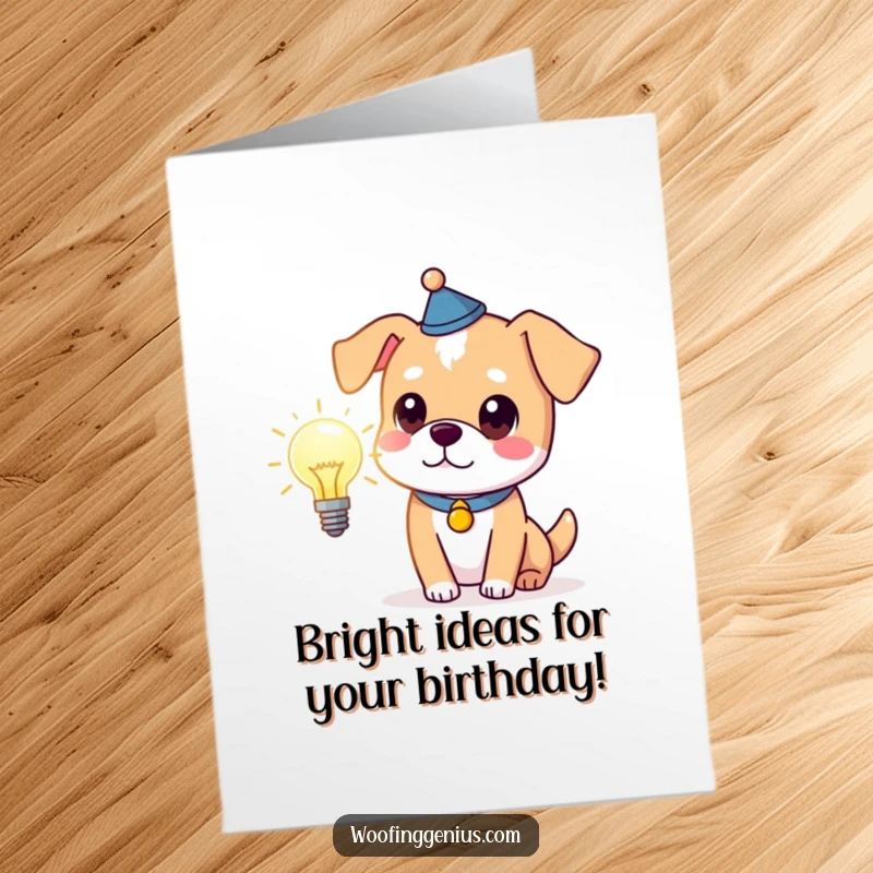 Funny Free Printable Birthday Card: Clever dog wearing a thinking cap, holding a glowing lightbulb, full of bright ideas.