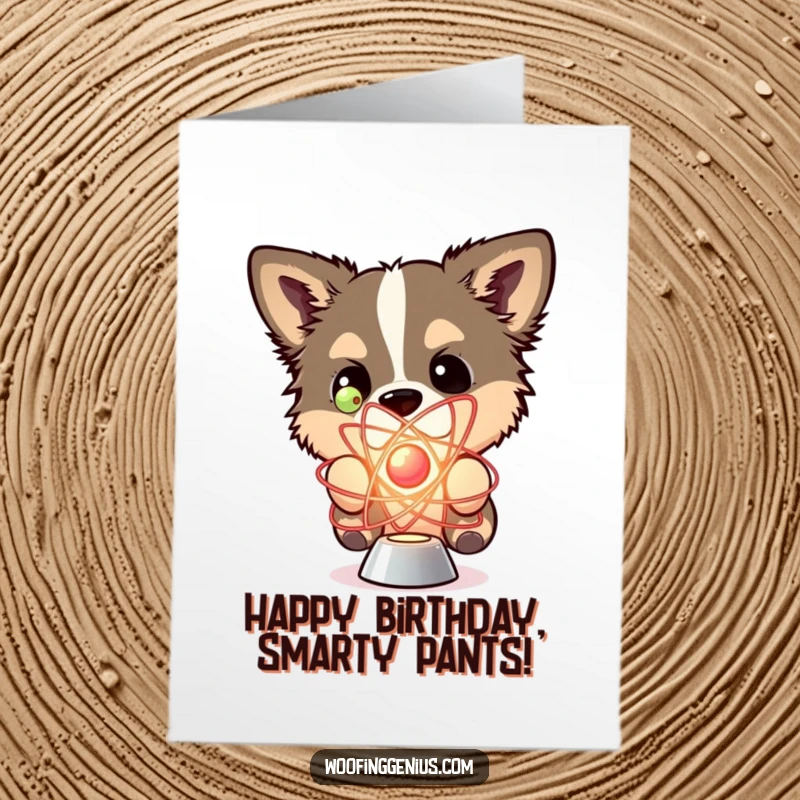 Funny Free Printable Birthday Card featuring a curious dog intently examining a spinning atom model, pondering the universe.