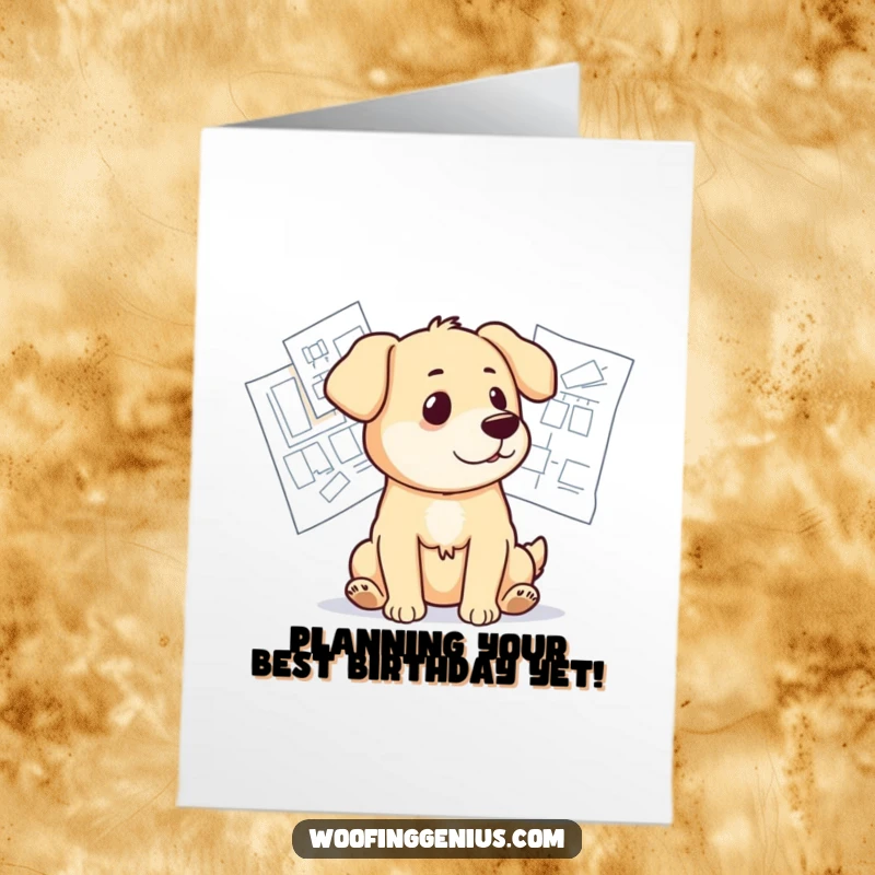 Funny free printable birthday card showing a thoughtful dog surrounded by blueprints, planning a fantastic celebration.