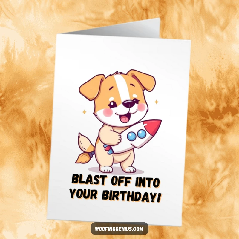 Funny Free Printable Birthday Card: Dog with Eureka Expression Holding Miniature Rocket Ship.