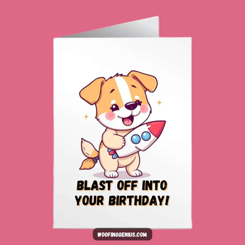 Free Printable Birthday Card: Eureka Dog Rocket - Blast Off Funny Gift!