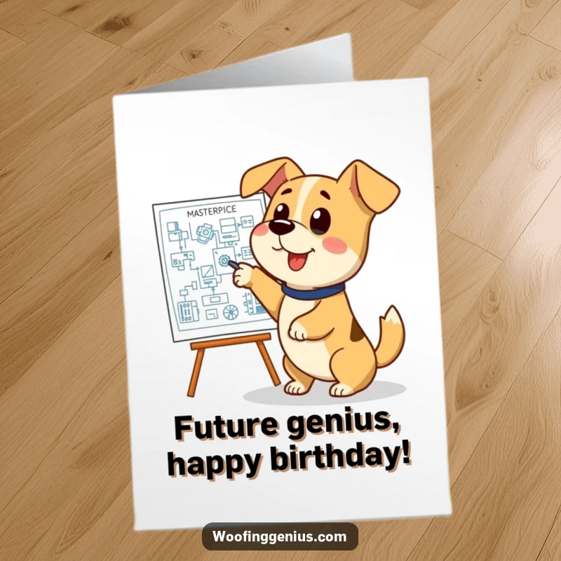 Funny Free Printable Birthday Card: Energetic dog excitedly points at blueprint, tail wagging, ready to build dreams.