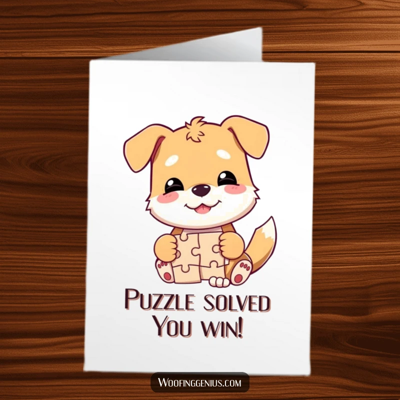 Funny Free Printable Birthday Card: Smirking dog triumphantly finishes a jigsaw puzzle, ready to celebrate your special day.