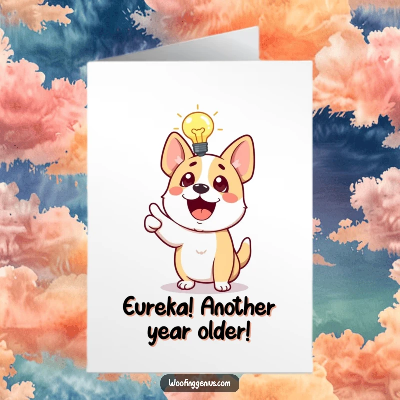 Funny Free Printable Birthday Card: Excited dog with a lightbulb above head, pointing at a brilliant idea, perfect for gifting.