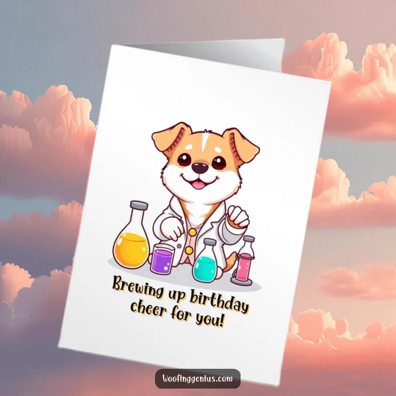 Funny Free Printable Birthday Card: Dog in Lab Coat Mixing Colorful Liquids with a Smile.