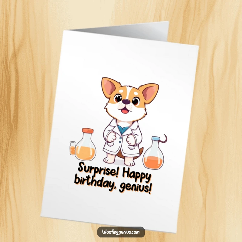 Funny Free Printable Birthday Card: Dog in lab coat, eyes wide with surprise, experiment gone wrong, science humor, downloadable birthday card.