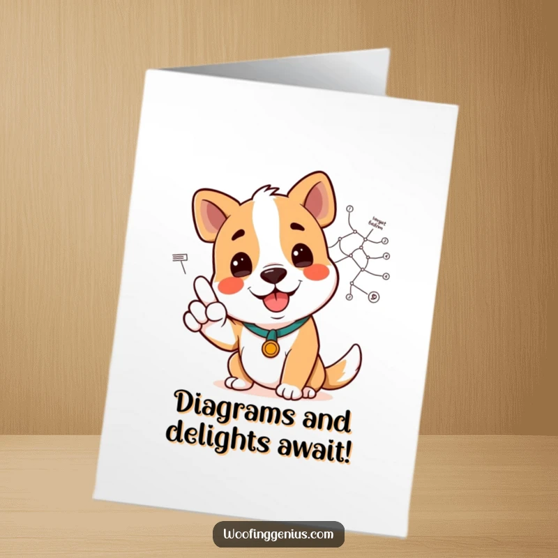Funny Free Printable Birthday Card: A smiling dog points to a complex diagram, a clever DIY gift.
