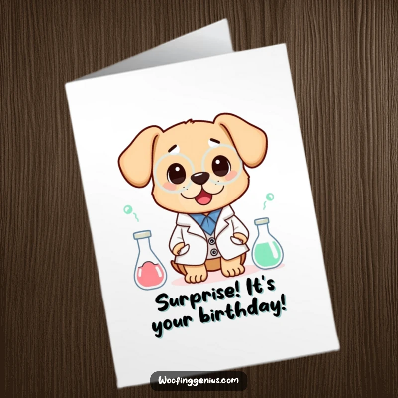 Funny free printable birthday card, a dog in a lab coat looking utterly surprised by a bubbling science experiment.