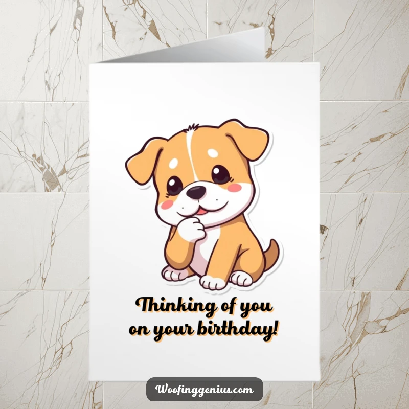 Funny Free Printable Birthday Card: Dog tapping its chin with a paw, deep in thoughtful contemplation.