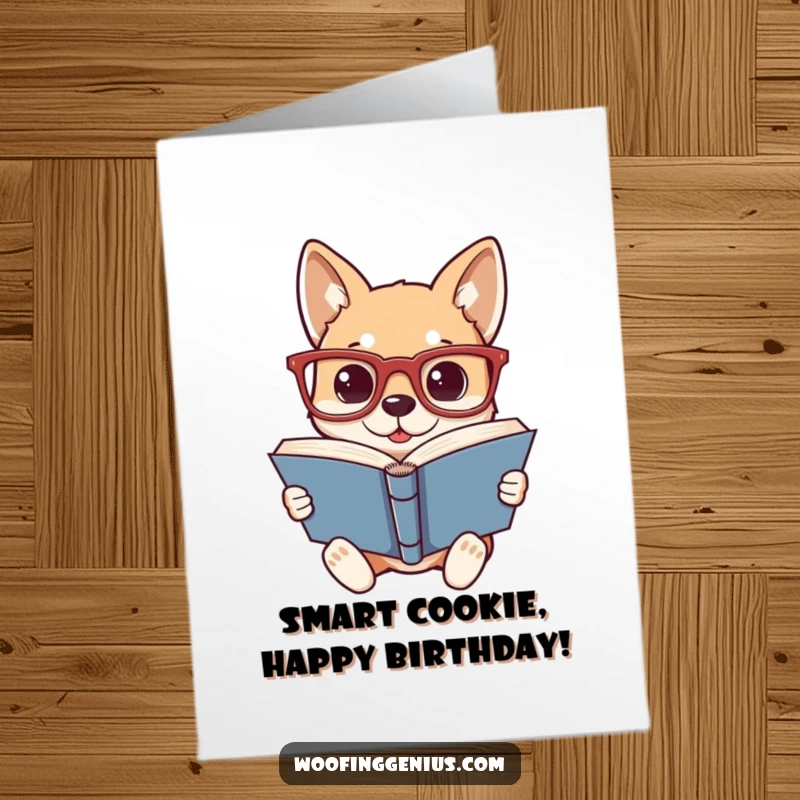 Funny Free Printable Birthday Card: A dog wearing oversized glasses intently reading a thick book, perfect for intellectuals.