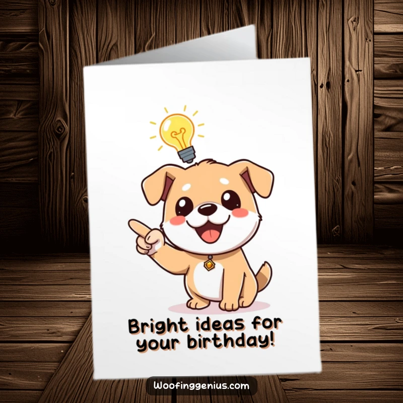 Funny Free Printable Birthday Card: A dog has a bright idea, symbolized by a lightbulb, pointing excitedly.