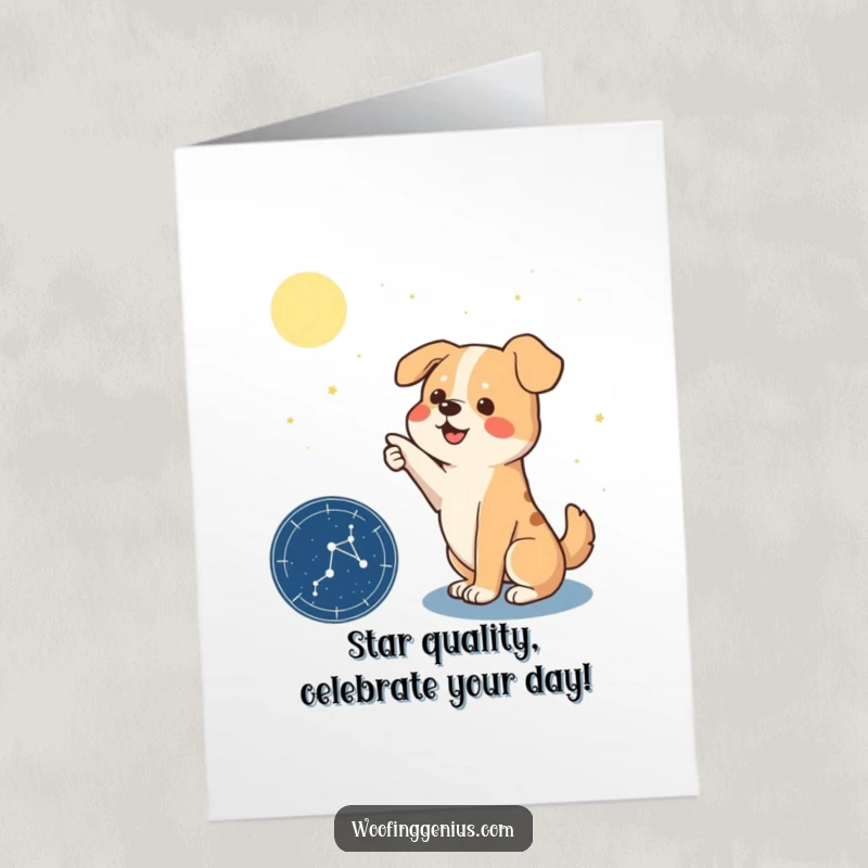 Funny Free Printable Birthday Card: A dog dramatically points to a constellation on a star chart under a night sky.