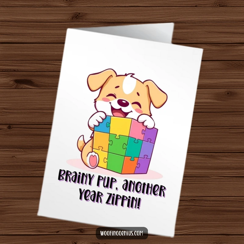 Funny Free Printable Birthday Card: A smart dog with a determined look solves a colorful puzzle cube.