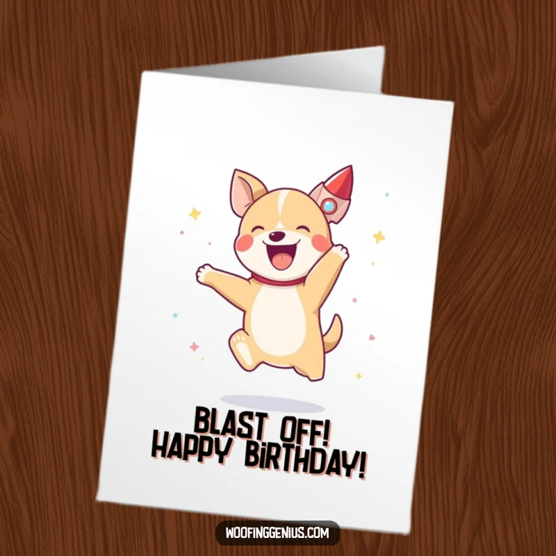 Funny Free Printable Birthday Card: A dog joyfully leaps as a tiny rocket ship blasts off, celebrating with energy.