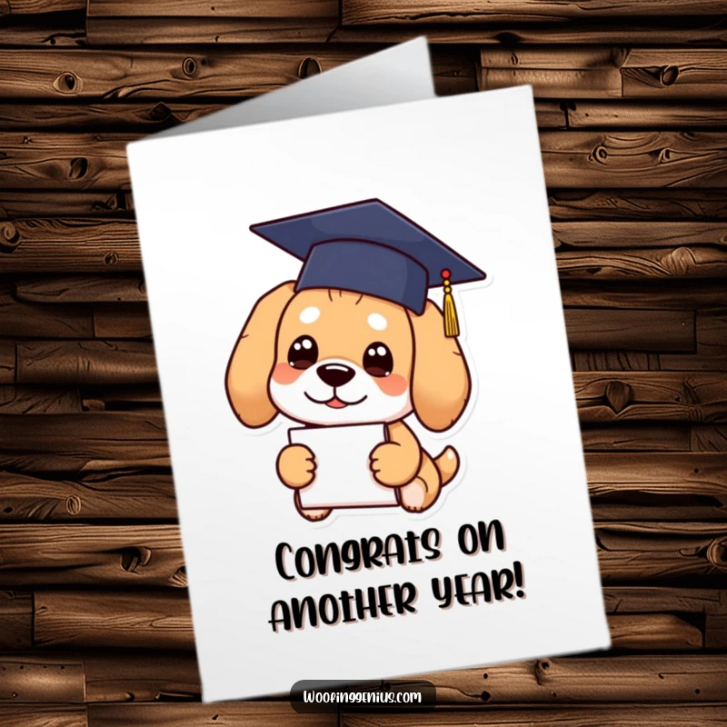 Funny free printable birthday card of a dog in a graduation cap holding a diploma, looking proud and smart.