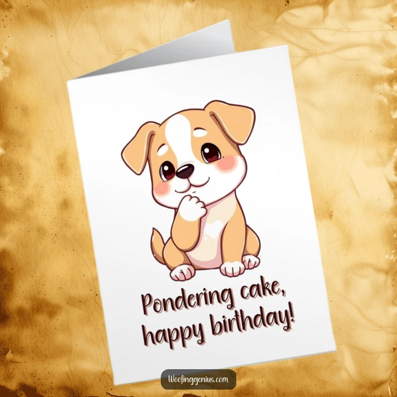 Funny Free Printable Birthday Card: A dog is deep in thought, stroking its chin with a paw, pondering life's mysteries.