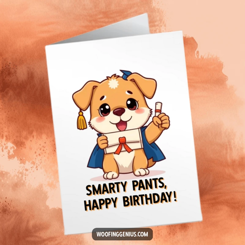 Funny free printable birthday card: A triumphant dog in a graduation cap holds a tiny diploma, ready to party!