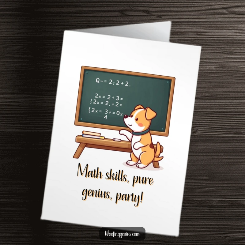 Funny Free Printable Birthday Card: Smart dog points to complex math equation on chalkboard, looking brilliant for a downloadable gift.