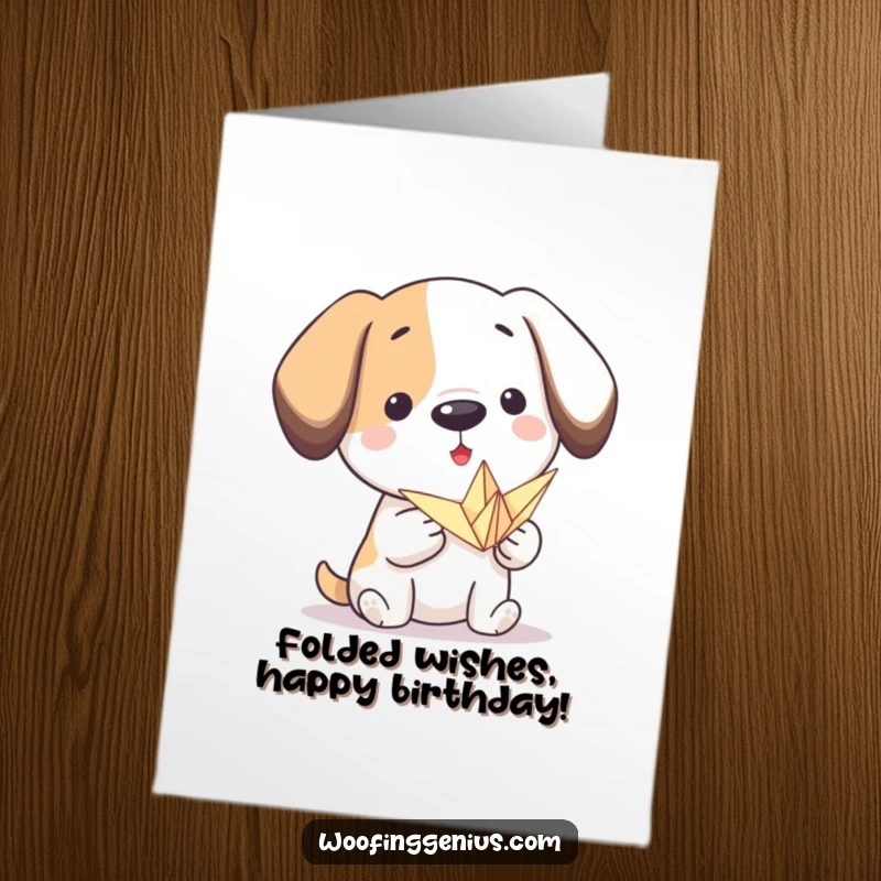 Funny free printable birthday card: A proud dog presents a perfectly folded, intricate paper crane with a smile.