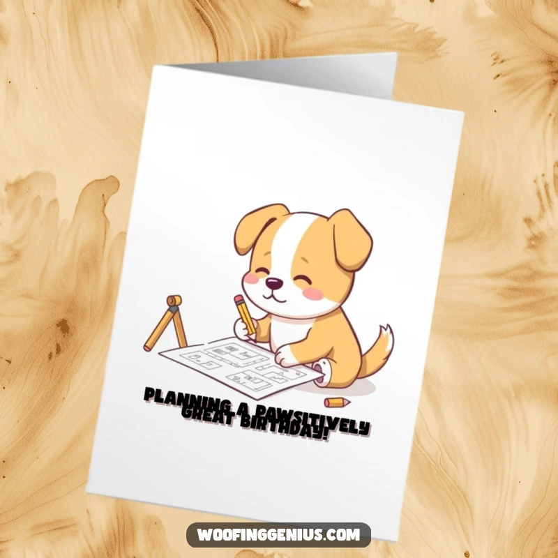Funny Free Printable Birthday Card: Dog sketching complex blueprints with a tiny pencil, focused expression, architectural design, downloadable creativity.