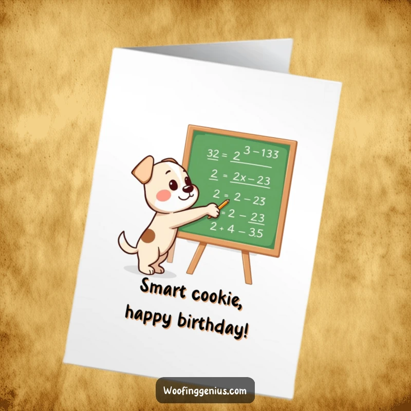 Funny free printable birthday card showing a clever dog pointing at a blackboard covered in complex mathematical equations, celebrating intellect.