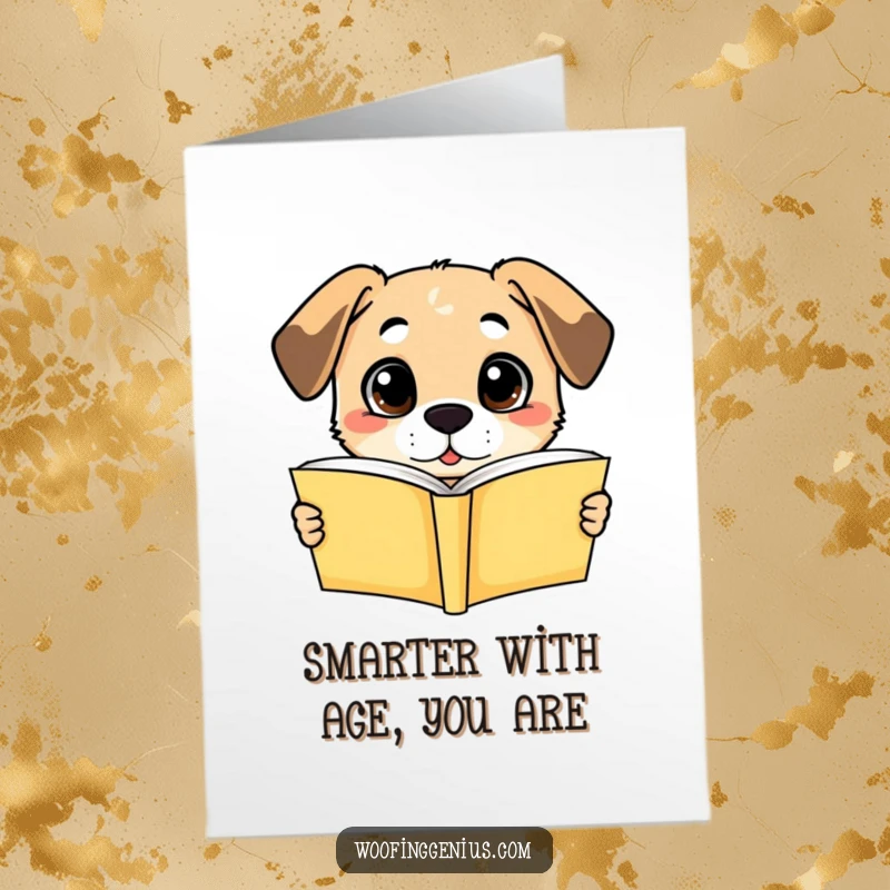 Funny Free Printable Birthday Card featuring a dog with wide eyes engrossed in a book, expressing sudden understanding.