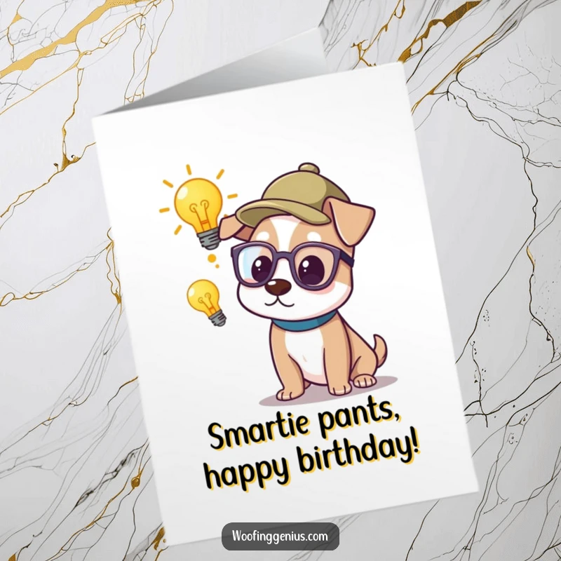 Funny Free Printable Birthday Card: Dog wearing glasses and thinking cap, lightbulb above head, pondering an idea, smart and humorous.