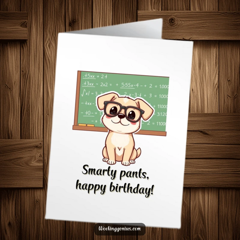 Funny Free Printable Birthday Card: A dog with big glasses studies math equations on a chalkboard, ready to celebrate.