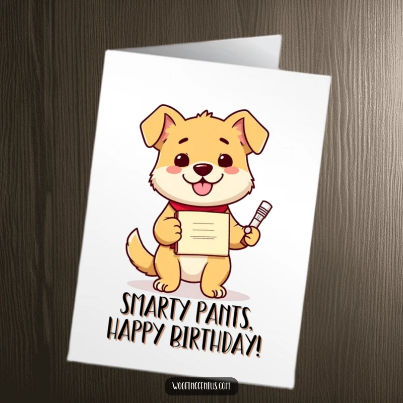 Funny Free Printable Birthday Card: A proud dog in a cap and gown shows off a wacky invention, ready for a laugh.