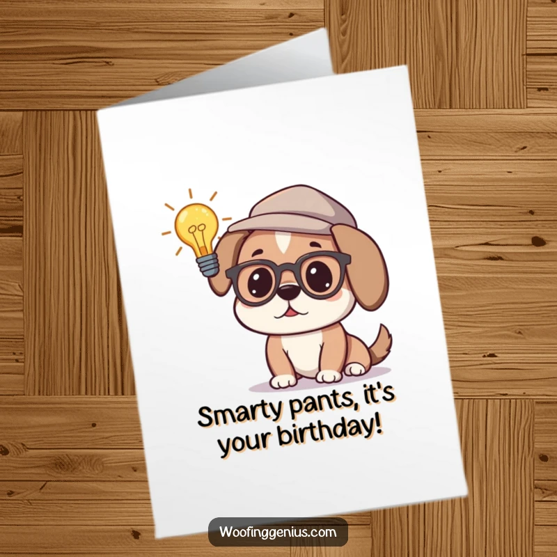 Funny free printable birthday card, a dog wearing glasses and a thinking cap, pondering a bright lightbulb idea.