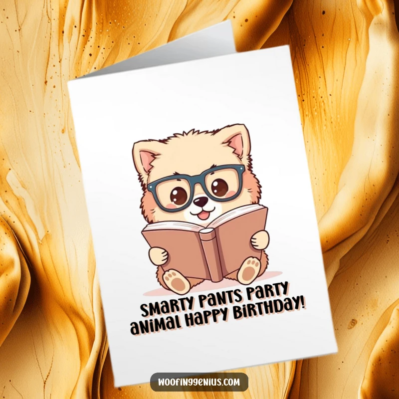 Funny Free Printable Birthday Card: Fluffy dog wearing oversized glasses, intently focused on a large book, celebrating with smarts.