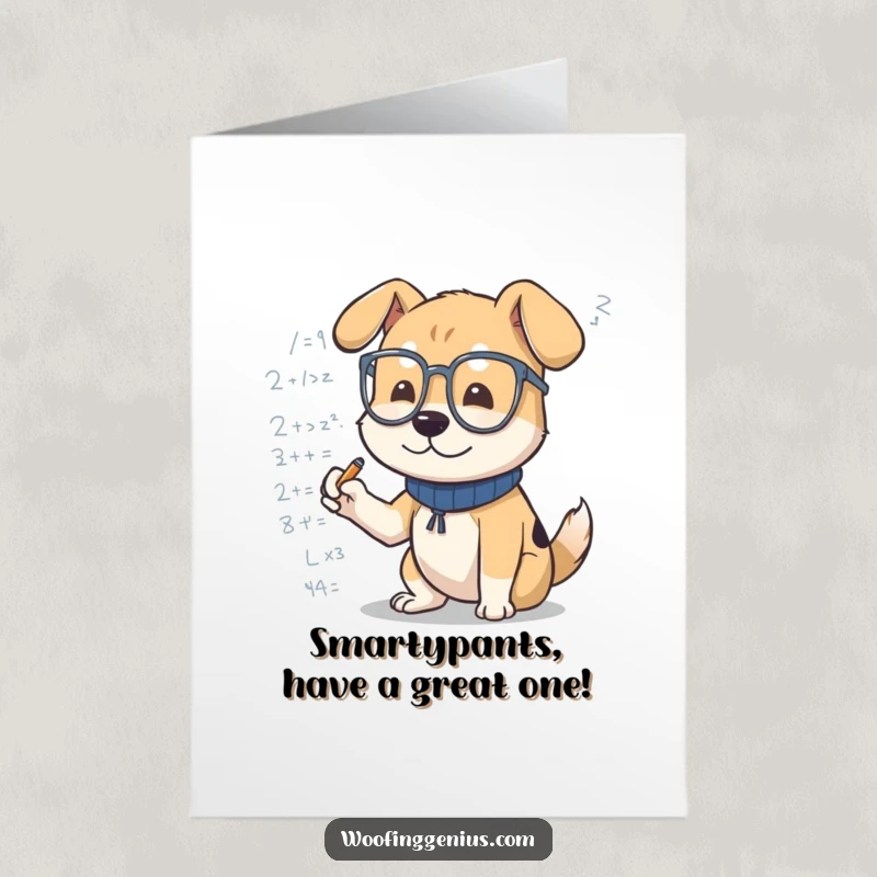 Funny Free Printable Birthday Card: Dog wearing glasses, deeply focused on scribbling complex mathematical formulas with a pen.