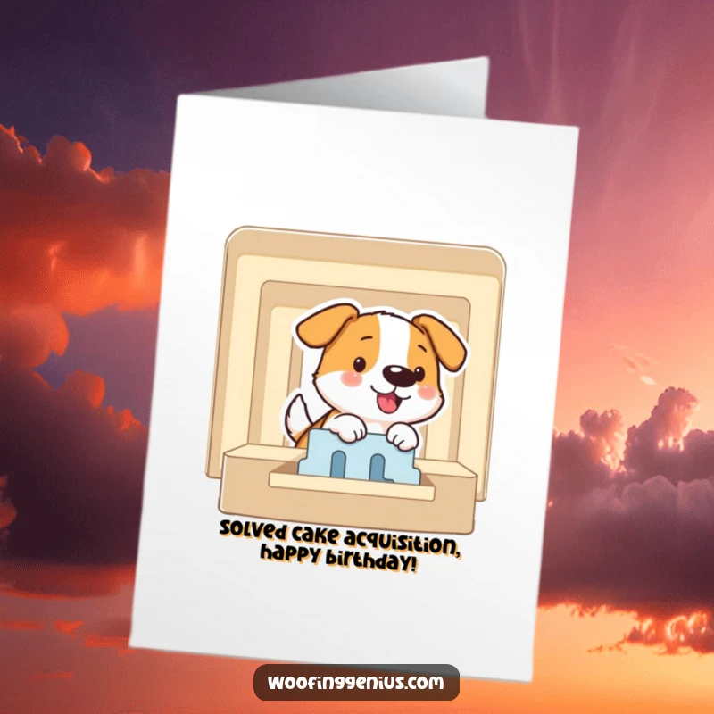 Funny Free Printable Birthday Card: A dog beams while expertly navigating and solving a challenging maze puzzle.