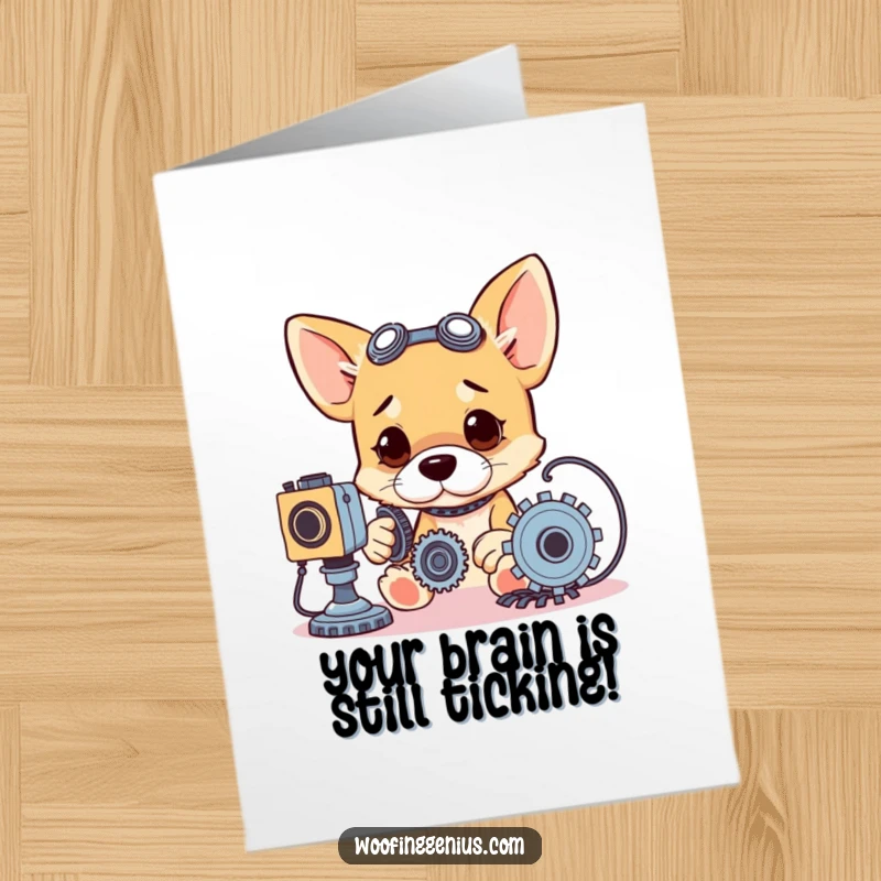 Funny Free Printable Mechanic Dog Birthday Card: A focused dog ingeniously tinkers with gears and wires, ready for a birthday surprise.