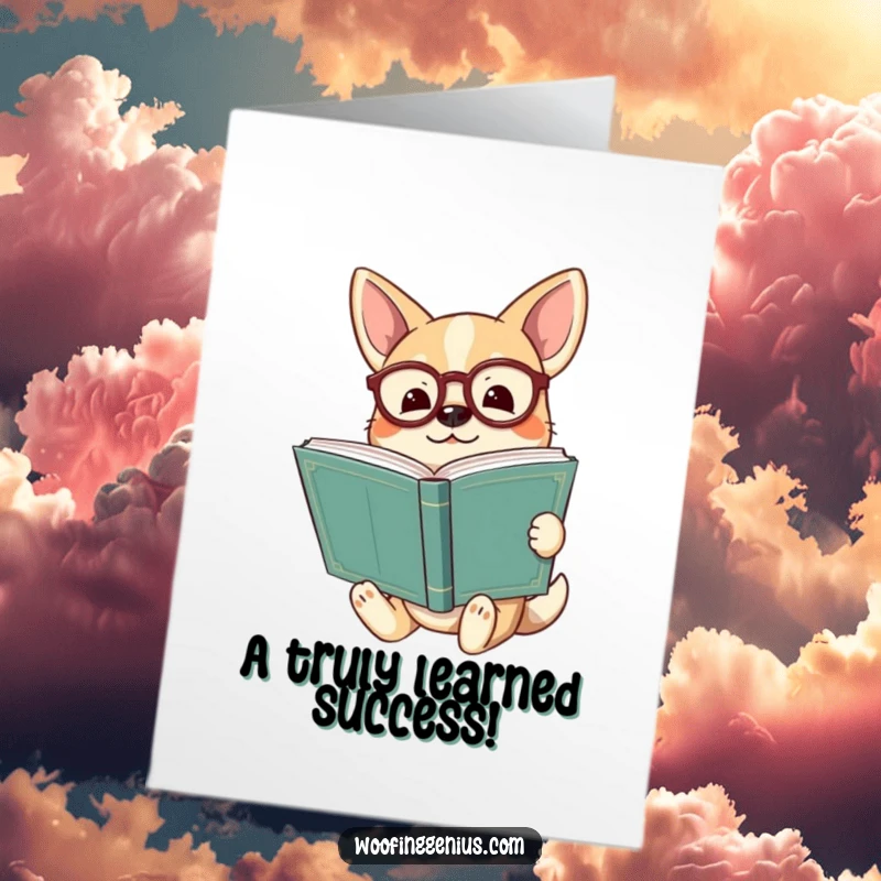 Funny Free Printable Congratulations Card: A dog in spectacles holding a huge ancient book, looking enlightened and proud.