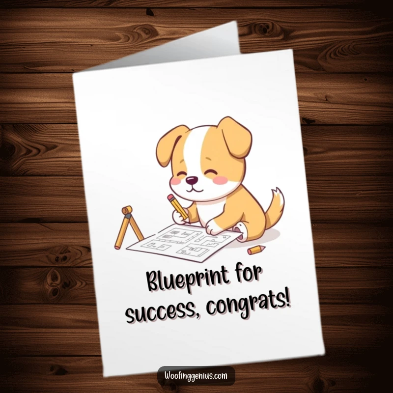 Funny Free Printable Congrats Card: Dog sketching complex blueprints with a tiny pencil, focused on planning, celebrating achievement, downloadable design.