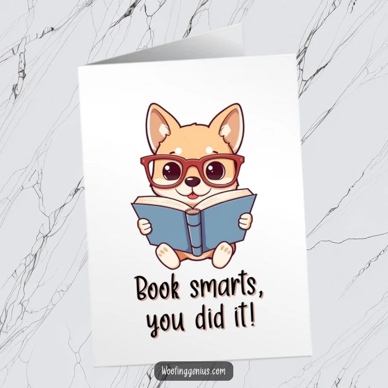 Funny Free Printable Congratulations Card: A dog in oversized glasses engrossed in a book, celebrating academic or life achievements.