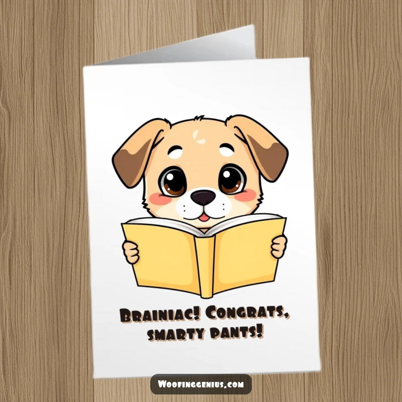Funny Free Printable Congratulations Card: A dog beams with understanding after reading a book, symbolizing quick learning.