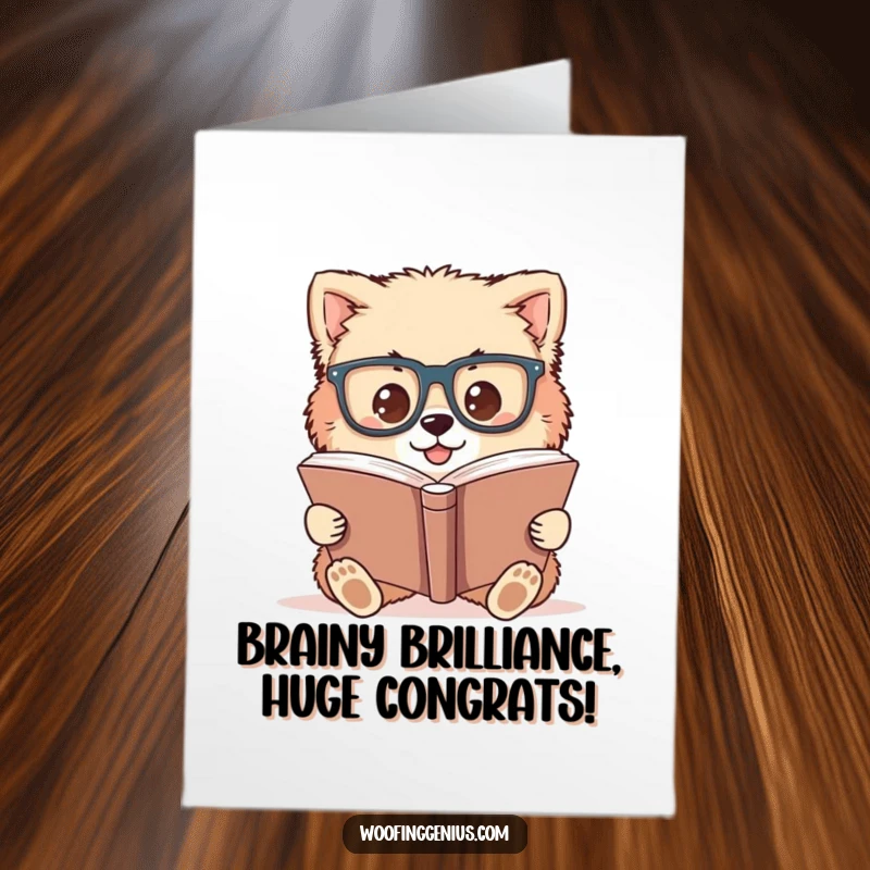 Funny Free Printable Congratulations Card: Fluffy dog with big glasses pores over a large book, signifying intellect and achievement.