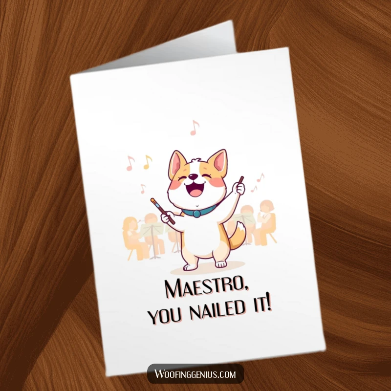Funny free printable congratulations card: A dog joyfully waves a tiny baton, conducting an imaginary orchestra with flair.