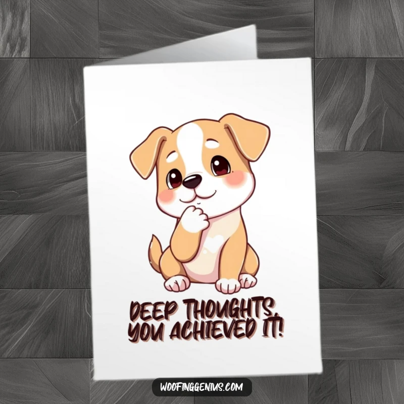Funny Free Printable Congratulations Card: A dog thoughtfully stroking its chin with its paw, contemplating a major achievement.