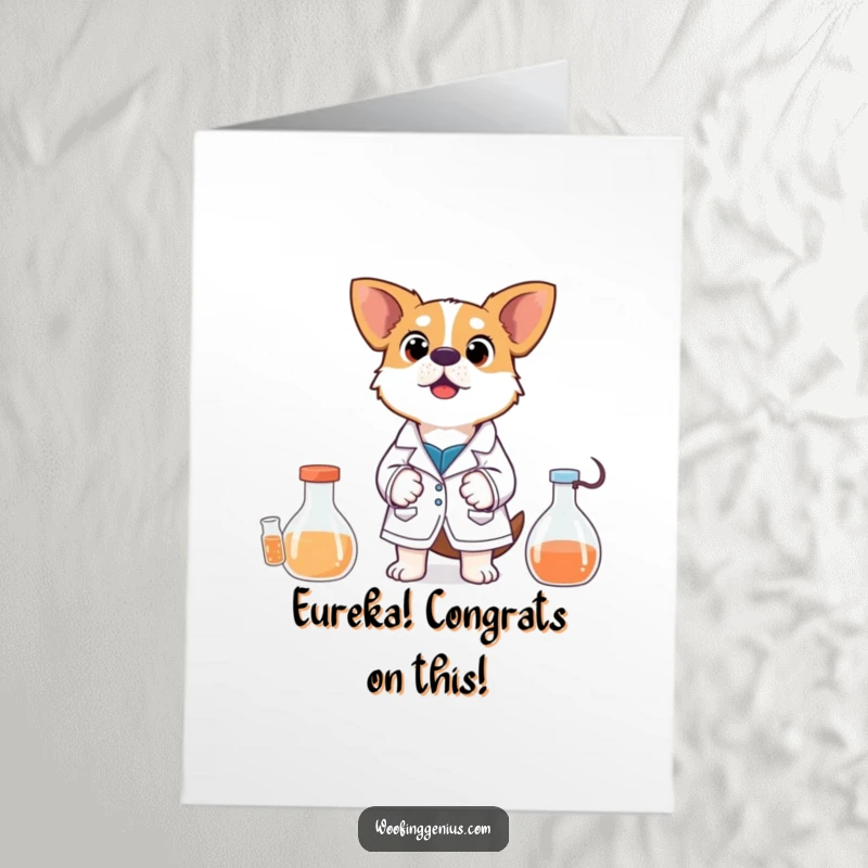 Funny Free Printable Congrats Card: Dog in lab coat, shocked expression, unexpected experiment result, celebrating scientific success, downloadable.